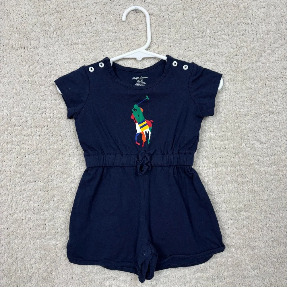Ralph Lauren Romper Toddler Girl 3M Blue Rugby Short‎ Sleeve Button Snap